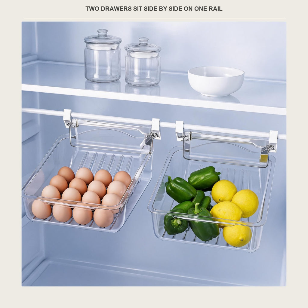 Two clear under-shelf drawers set side by side on one white rail inside a fridge