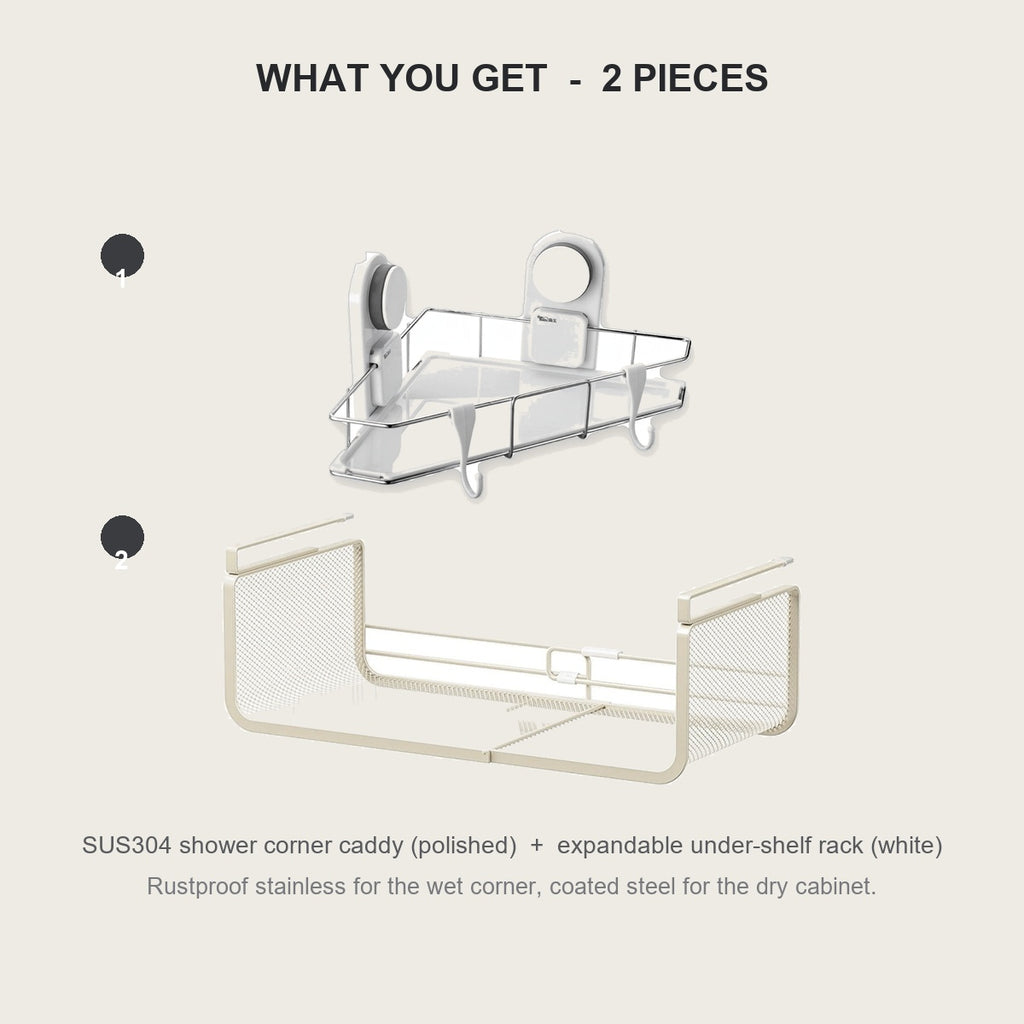 What you get - a polished stainless corner caddy plus a white expandable under-shelf rack