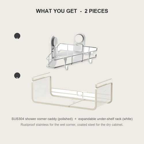 What you get - a polished stainless corner caddy plus a white expandable under-shelf rack