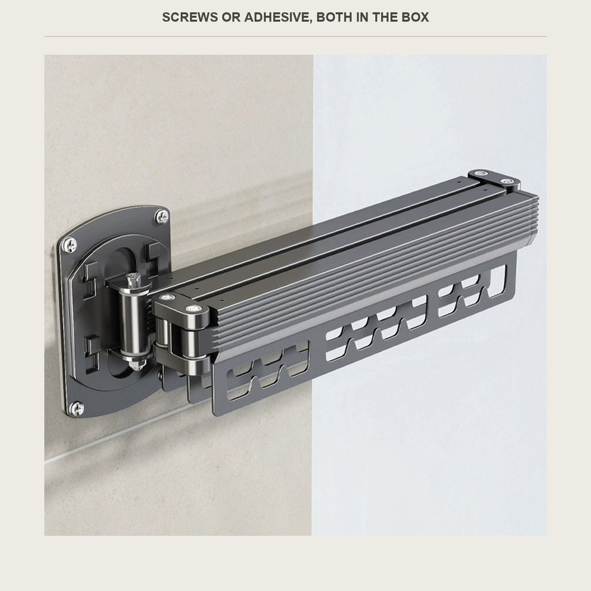 The same drying rack seen from the side, arm folded flat on its 180 degree hinge