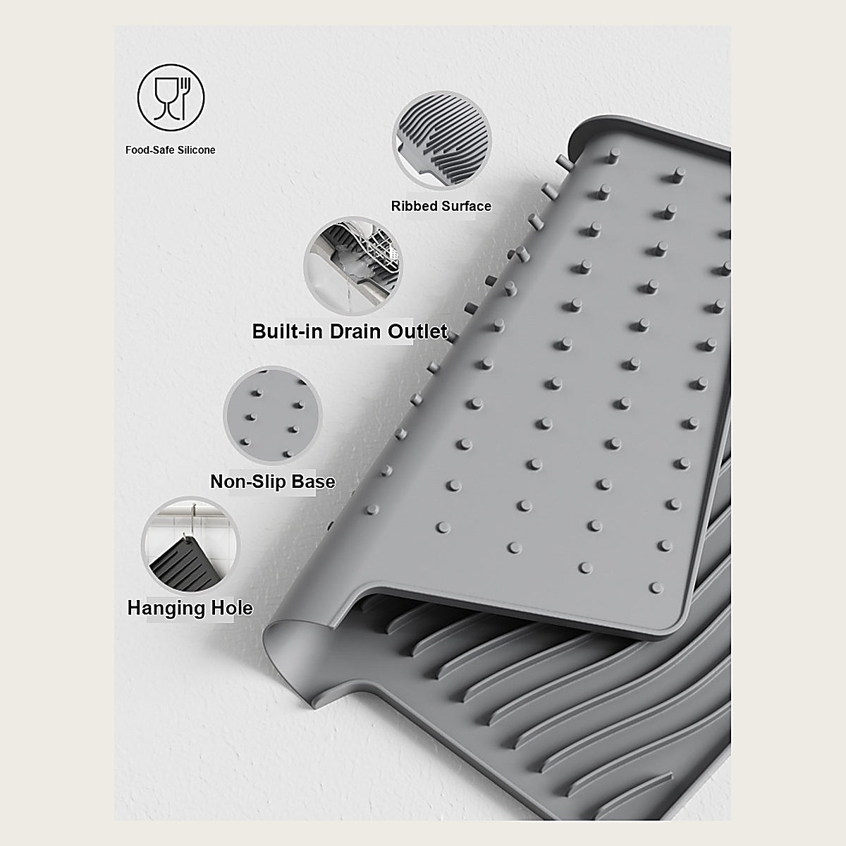 Silicone Dish Drying Mat · 排水斜坡功能