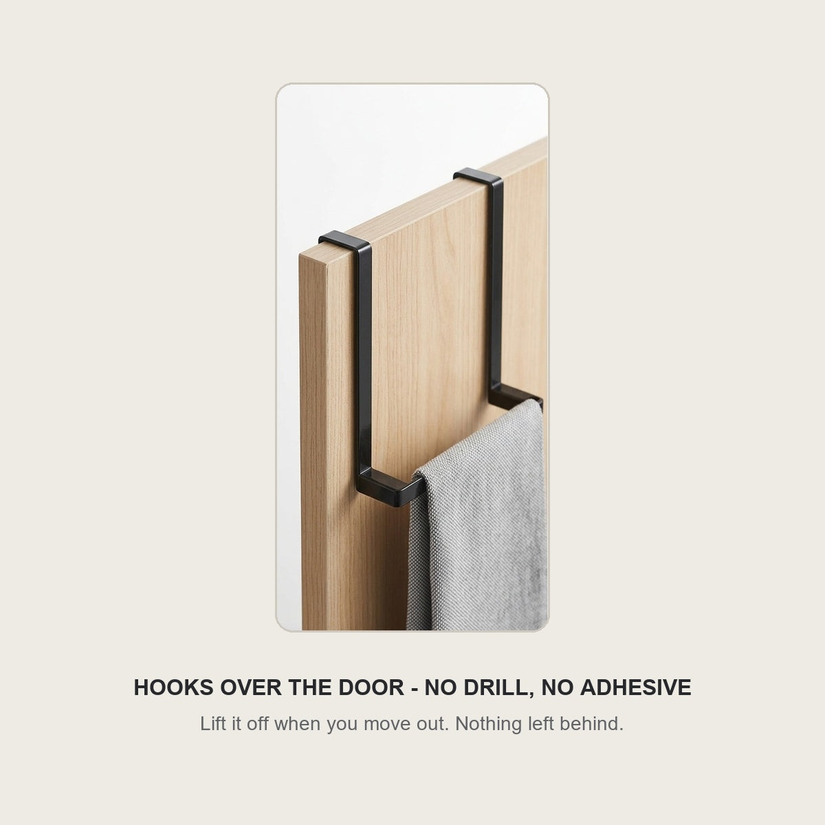 The door rack hooks over the cabinet door - no drill, no adhesive
