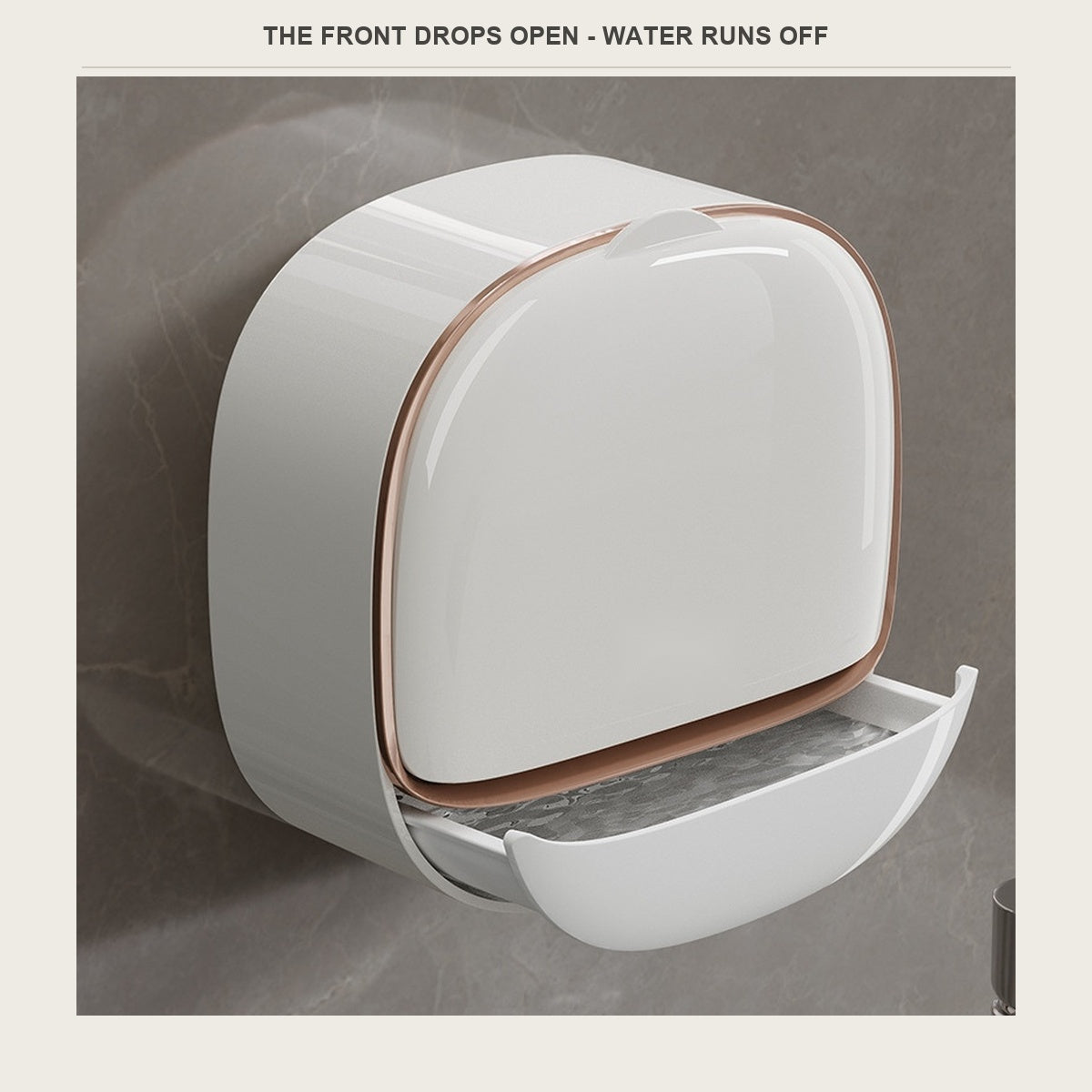 The front panel dropped open, showing the wire drain grid and a bar of soap