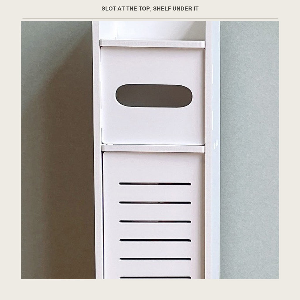 Tissue slot, open shelf and louvered cupboard door on the narrow floor cabinet