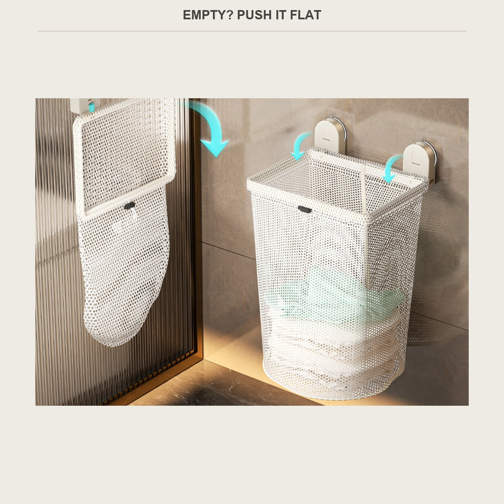 The laundry hamper folded flat next to the same basket open and full