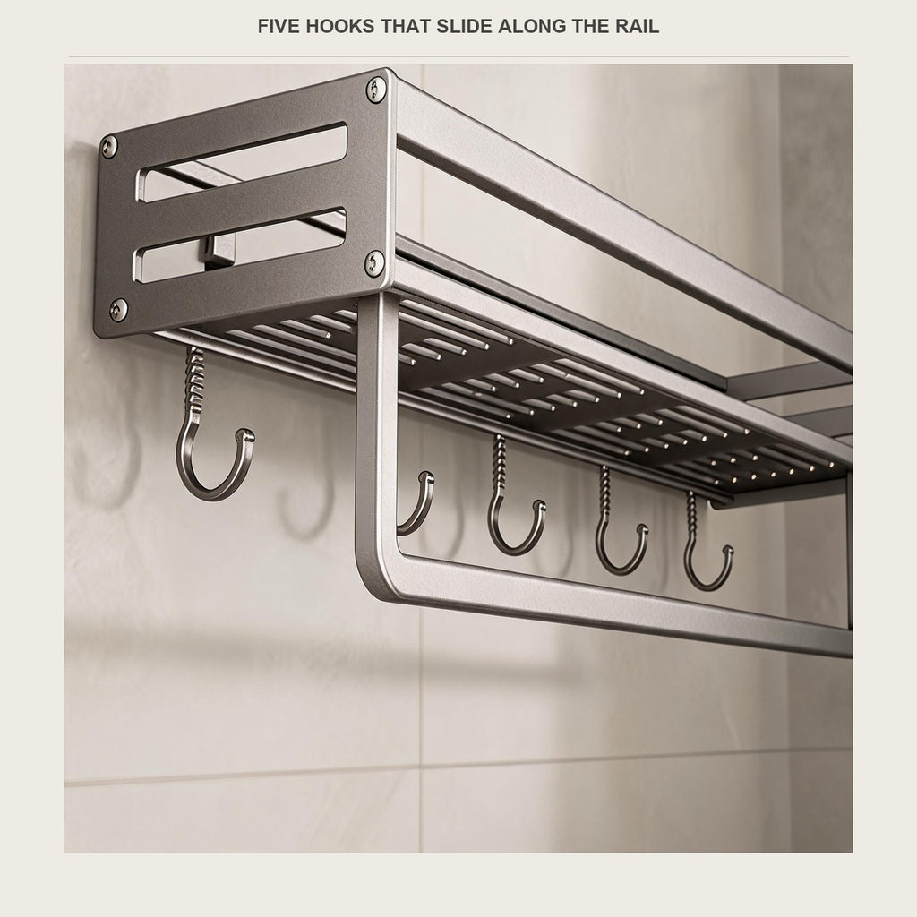 Close-up of the five stainless S hooks sliding along the rail under the shelf