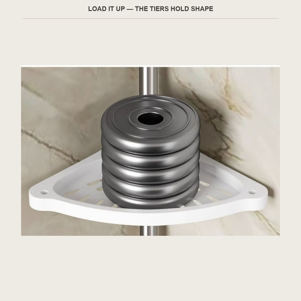Weight plates resting on one corner tray to show the shelf holds its shape