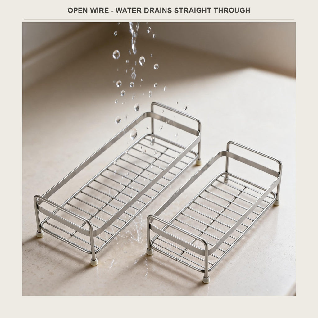 Water draining through the open wire grid of the stainless sink rack