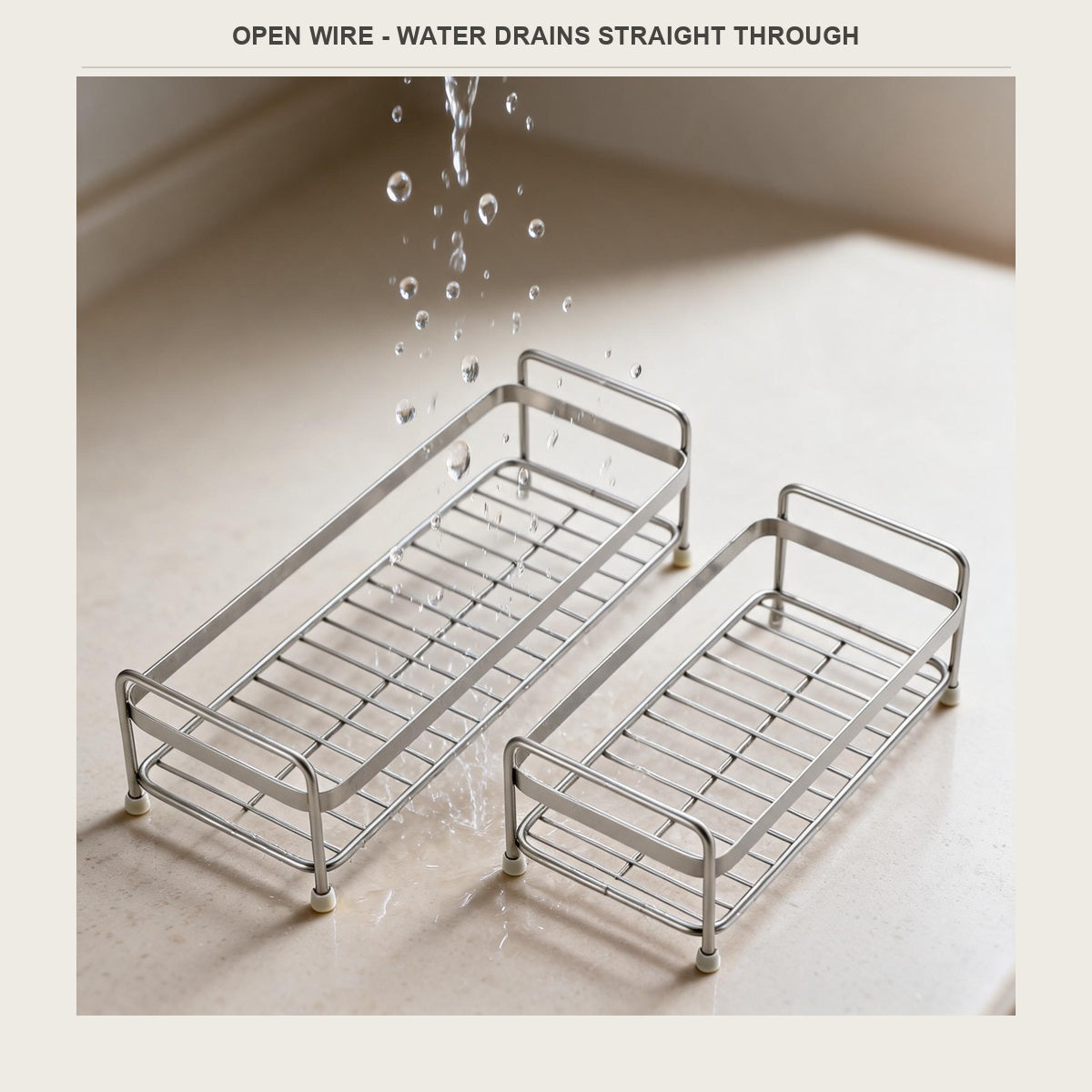 Water draining through the open wire grid of the stainless sink rack