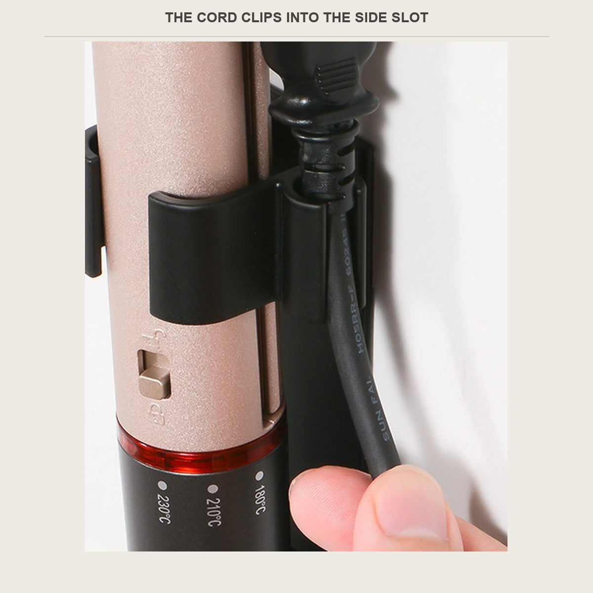 The cord clipped into the side slot of the wall holder