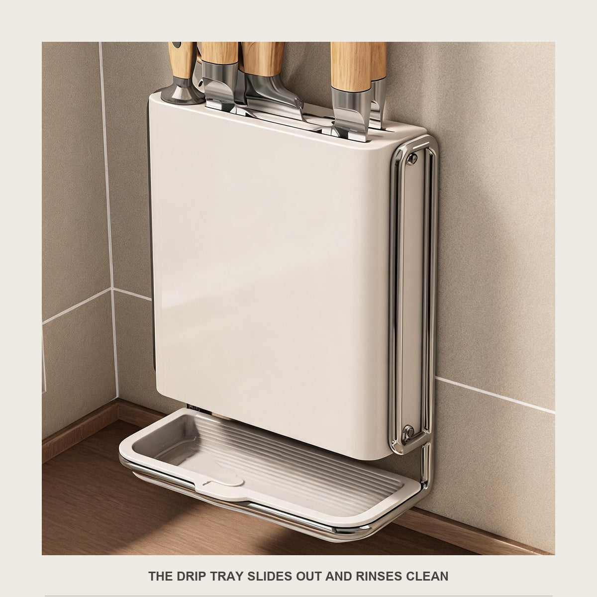 Close-up of the drip tray slid part way out of the utensil holder frame