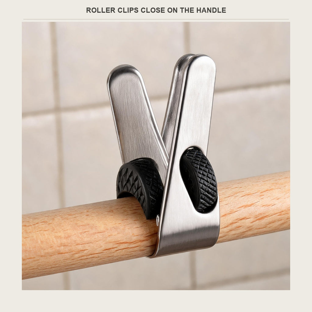 Three tool handles and hooks loaded on one 304 stainless wall rail