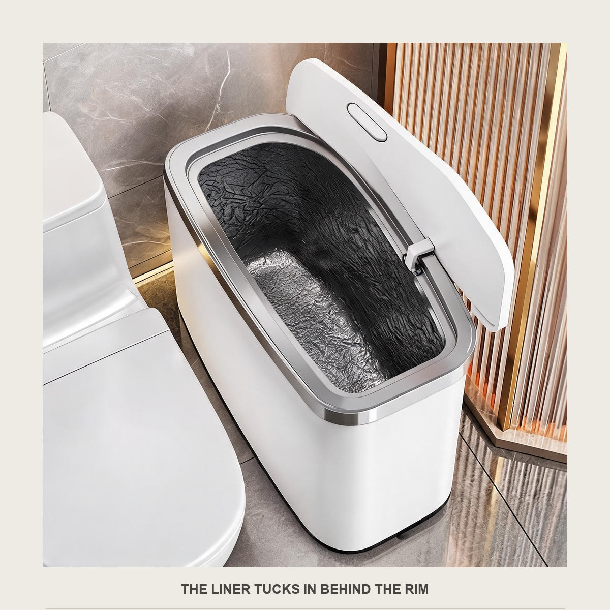 Top-down view of the lid open with the rim holding a liner neatly inside the bin