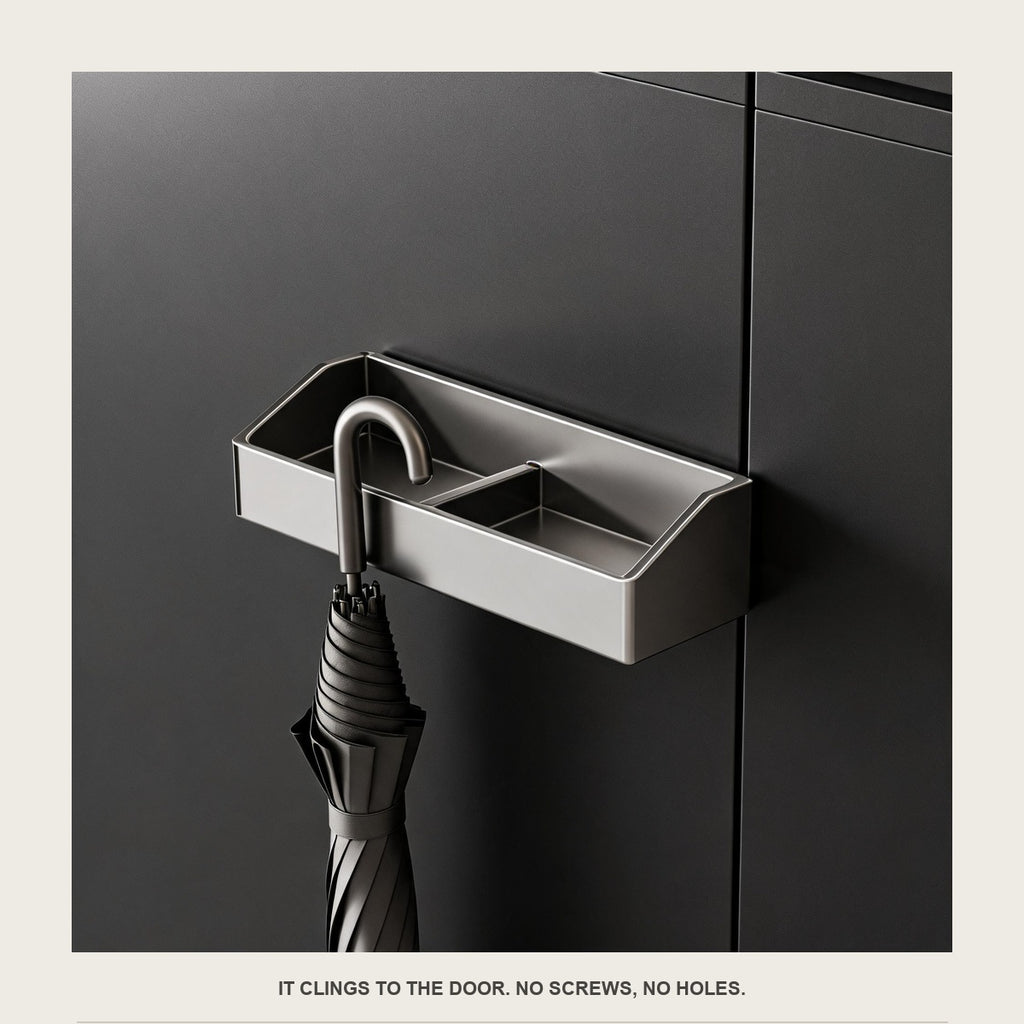 Close-up of the carbon steel umbrella rail clinging to a steel door with no screws or holes
