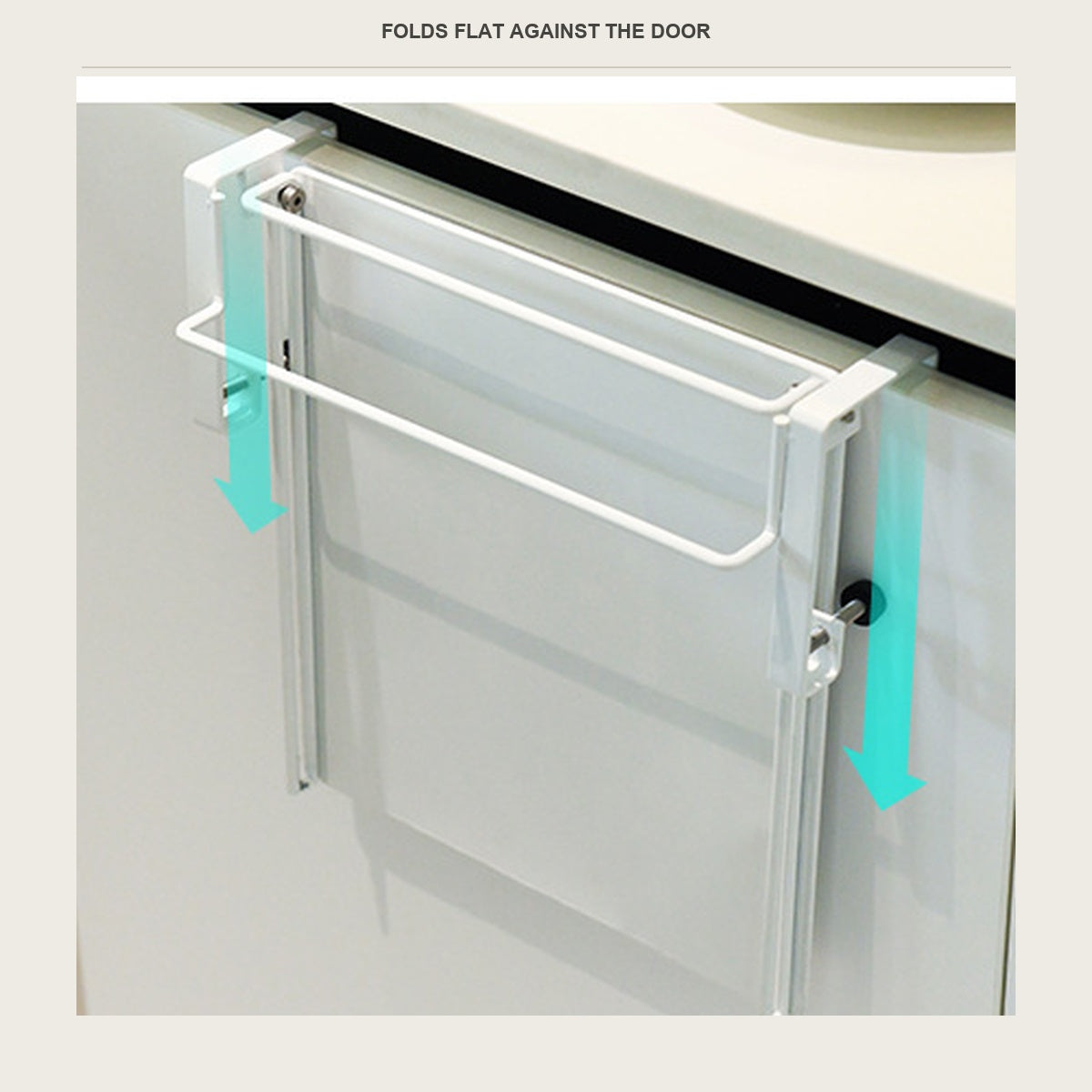 The fold-down shelf folded flat against the cabinet door with two clamps