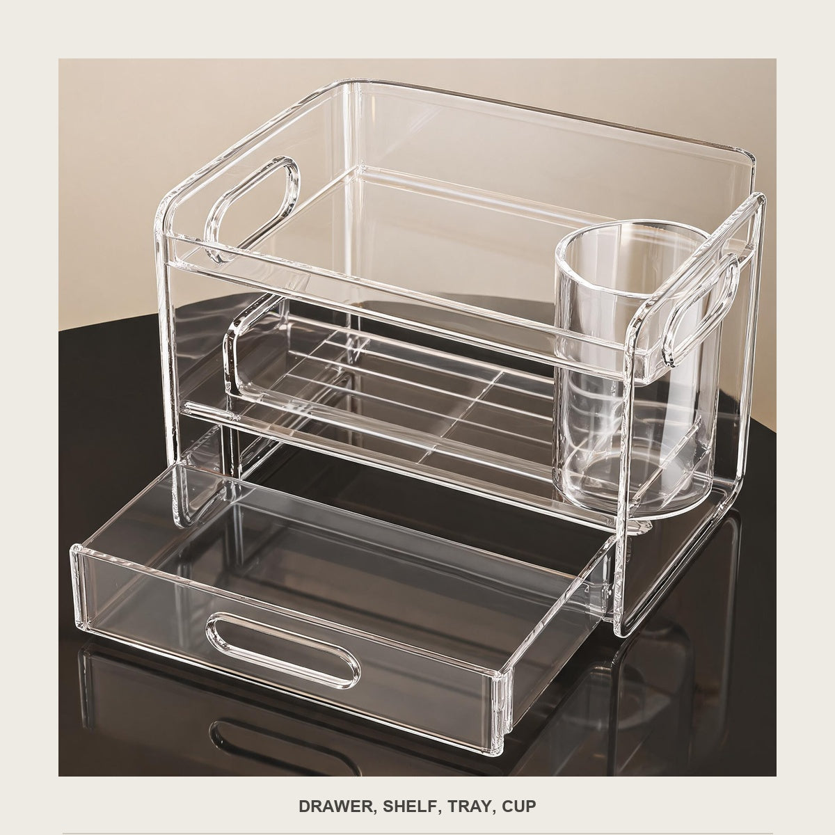 Empty 3-tier acrylic organizer showing the pull-out drawer, the open shelf, the top tray and the brush cup