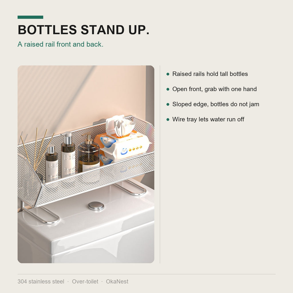 Raised rails on the tank-lid shelf keep tall bottles standing upright