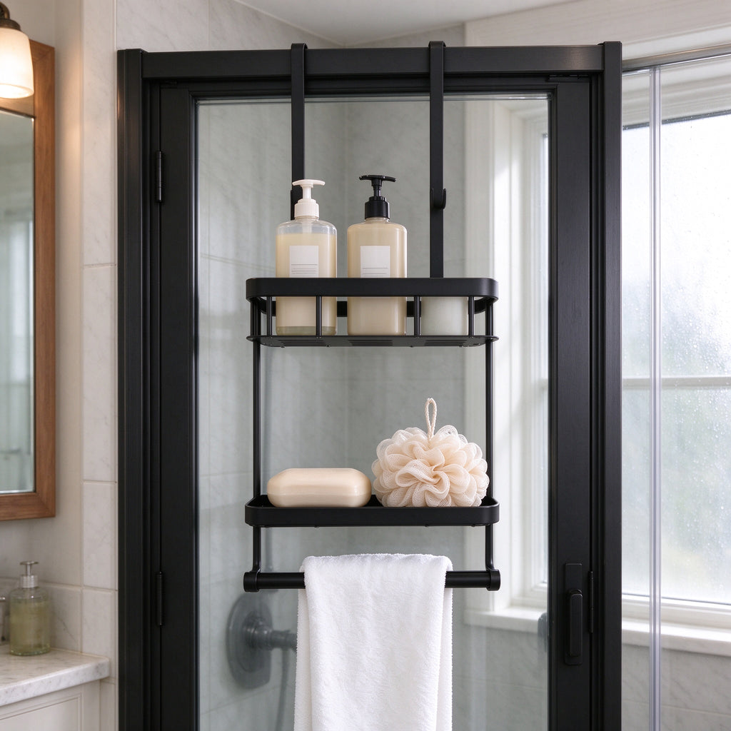 Shower caddy hanging over a glass shower door holding bottles and a sponge, towel on the lower bar