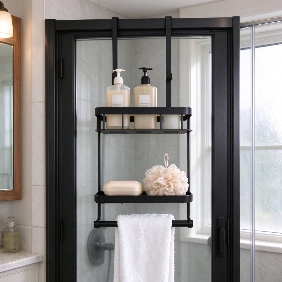 Close-up of the hook arm sitting over the top edge of a shower door