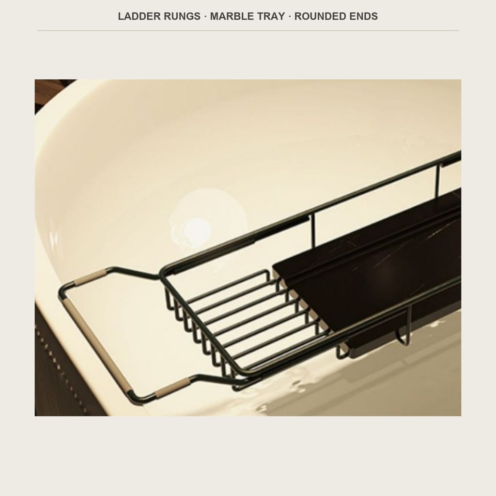 Wire ladder rungs, marble tray and rounded ends on the tub caddy