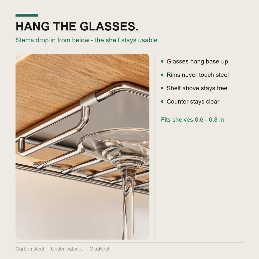 No-drill hanging stemware holder clamped onto cabinet shelf