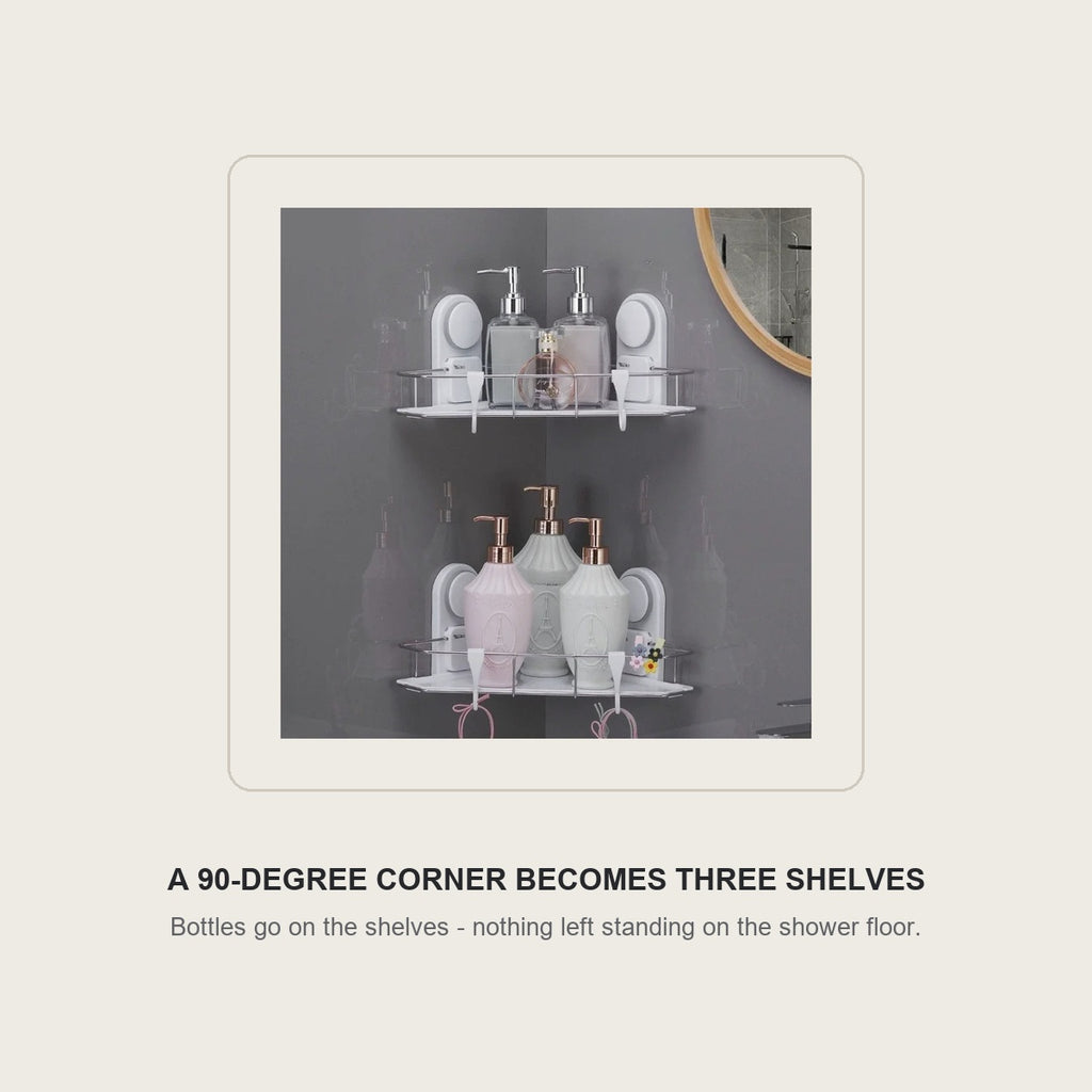 A 90-degree shower corner becomes three shelves