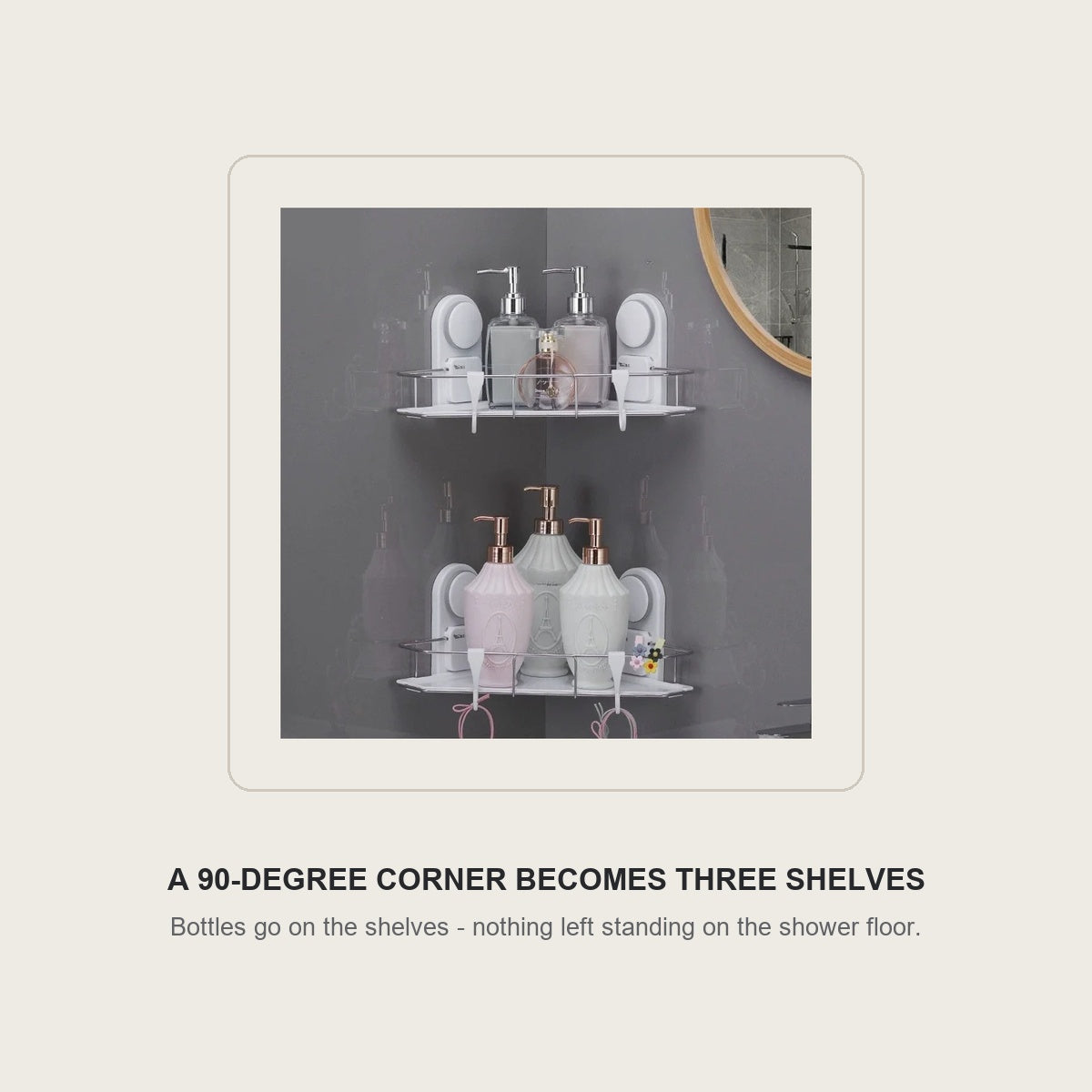 A 90-degree shower corner becomes three shelves