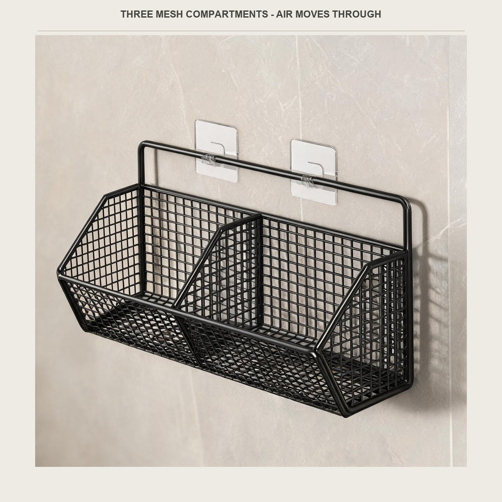 Front view of the empty basket showing the three mesh compartments and the wall plates