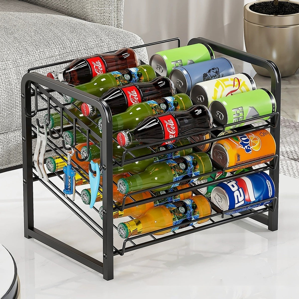 Soda can organizer in living room corner