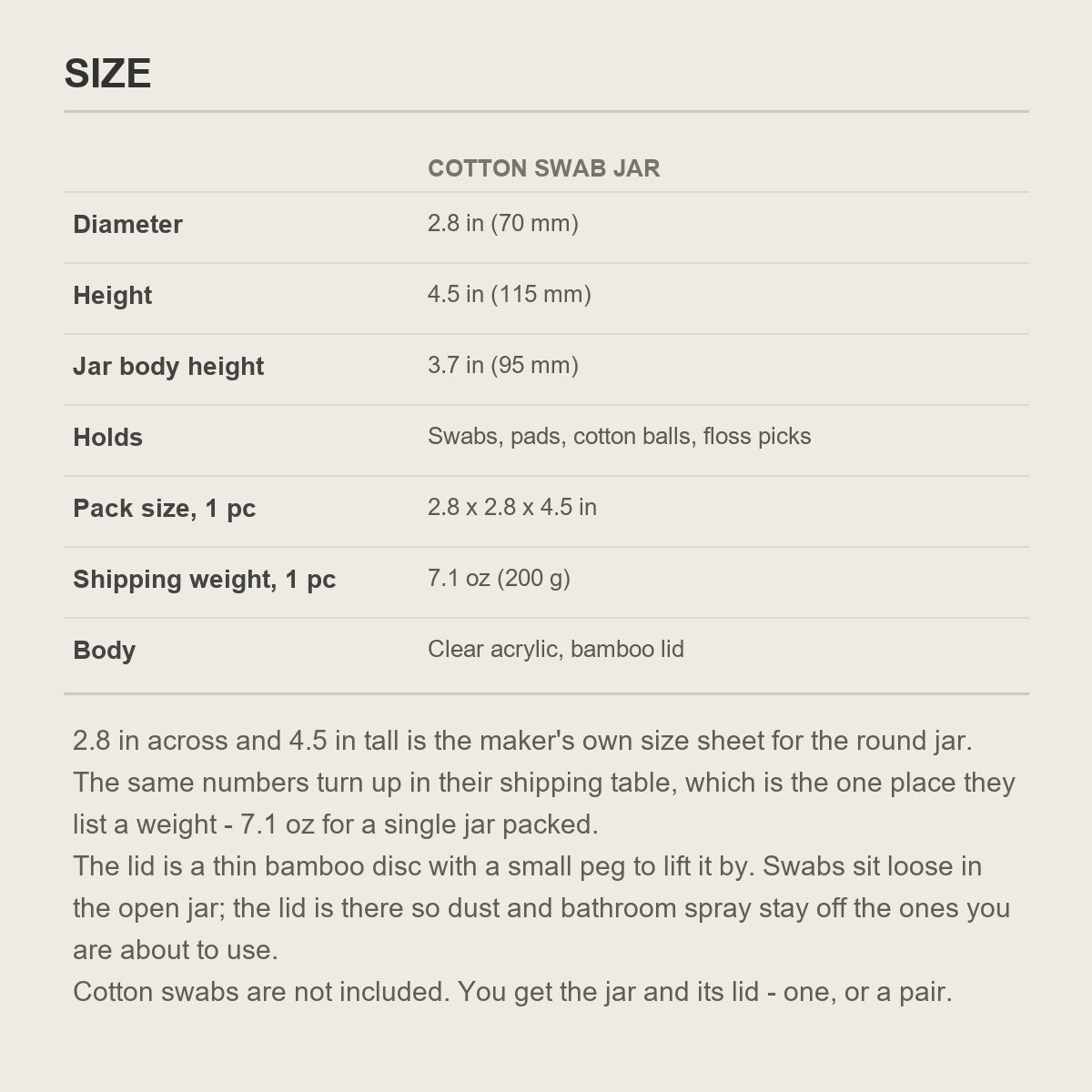 Size guide for the acrylic cotton swab jar showing diameter, height and shipping weight in inches