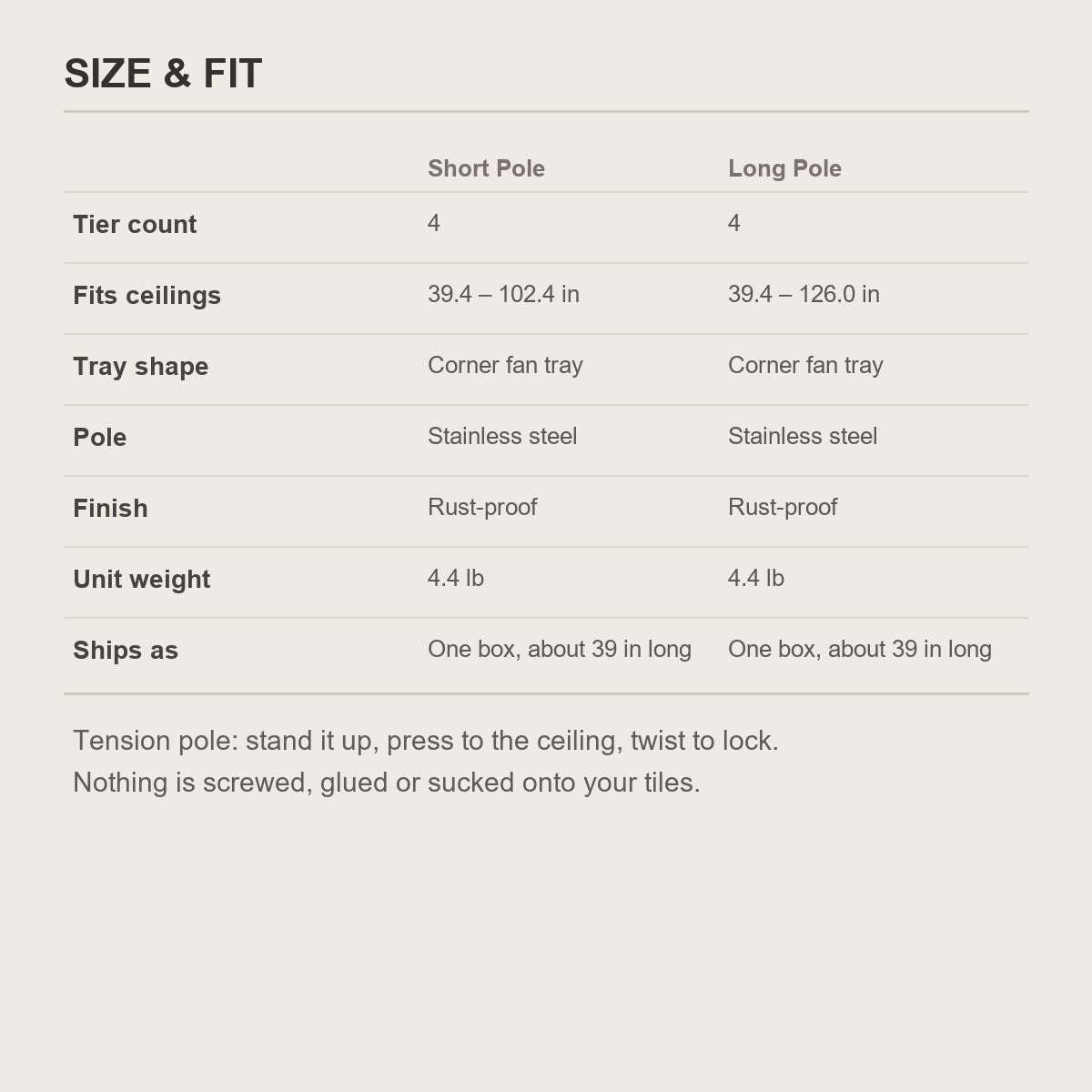 Size and fit chart for the tension pole shower shelf, short pole and long pole