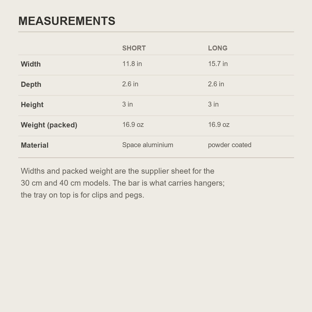 Size chart for the hanger holder - 11.8 in and 15.7 in wide