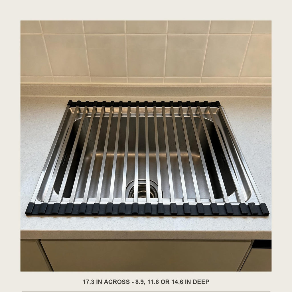 Front view of the empty roll-up rack spanning 17.3 inches across the sink