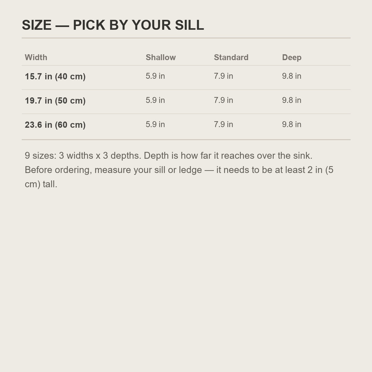 Size chart for the sill extension shelf, three widths by three depths in inches and cm
