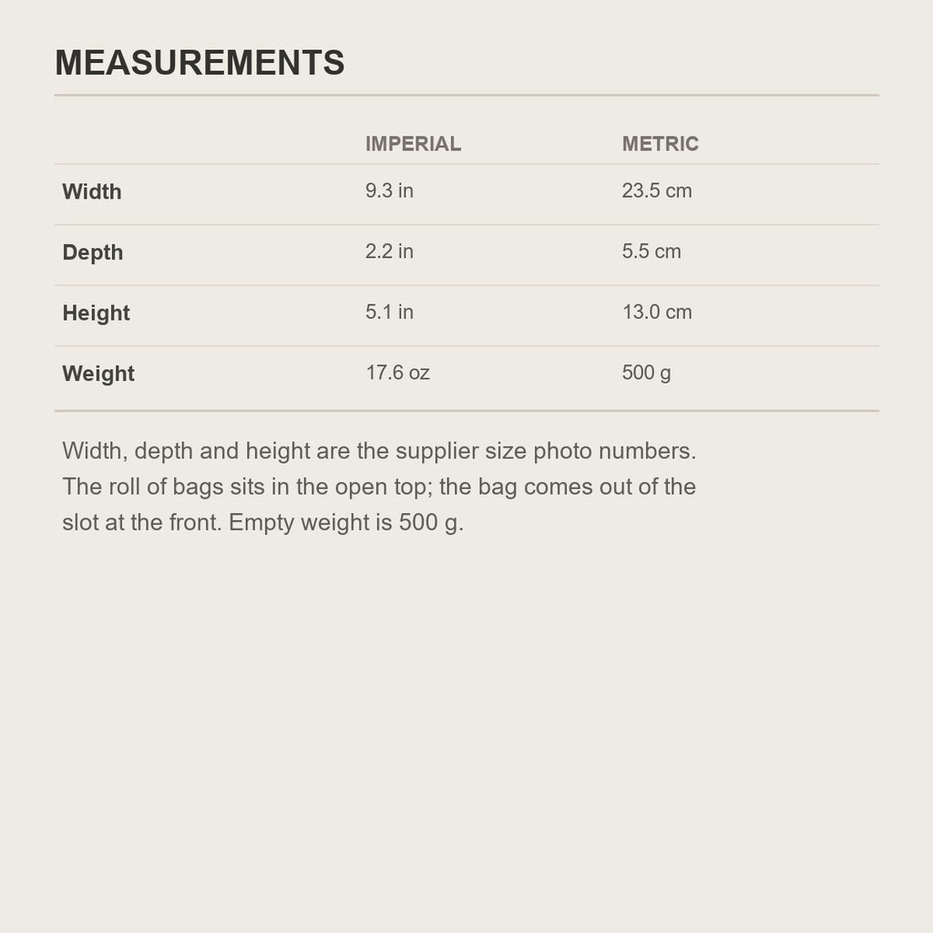 Size chart for the trash bag roll caddy - 9.3 by 5.1 by 2.2 in
