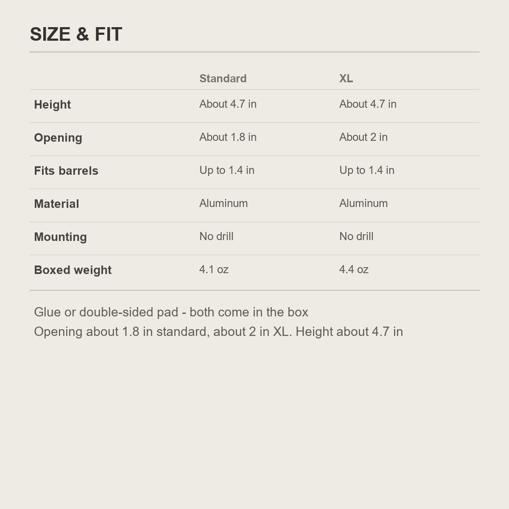 Size and fit chart for the wall-mounted hair tool holder - standard and XL