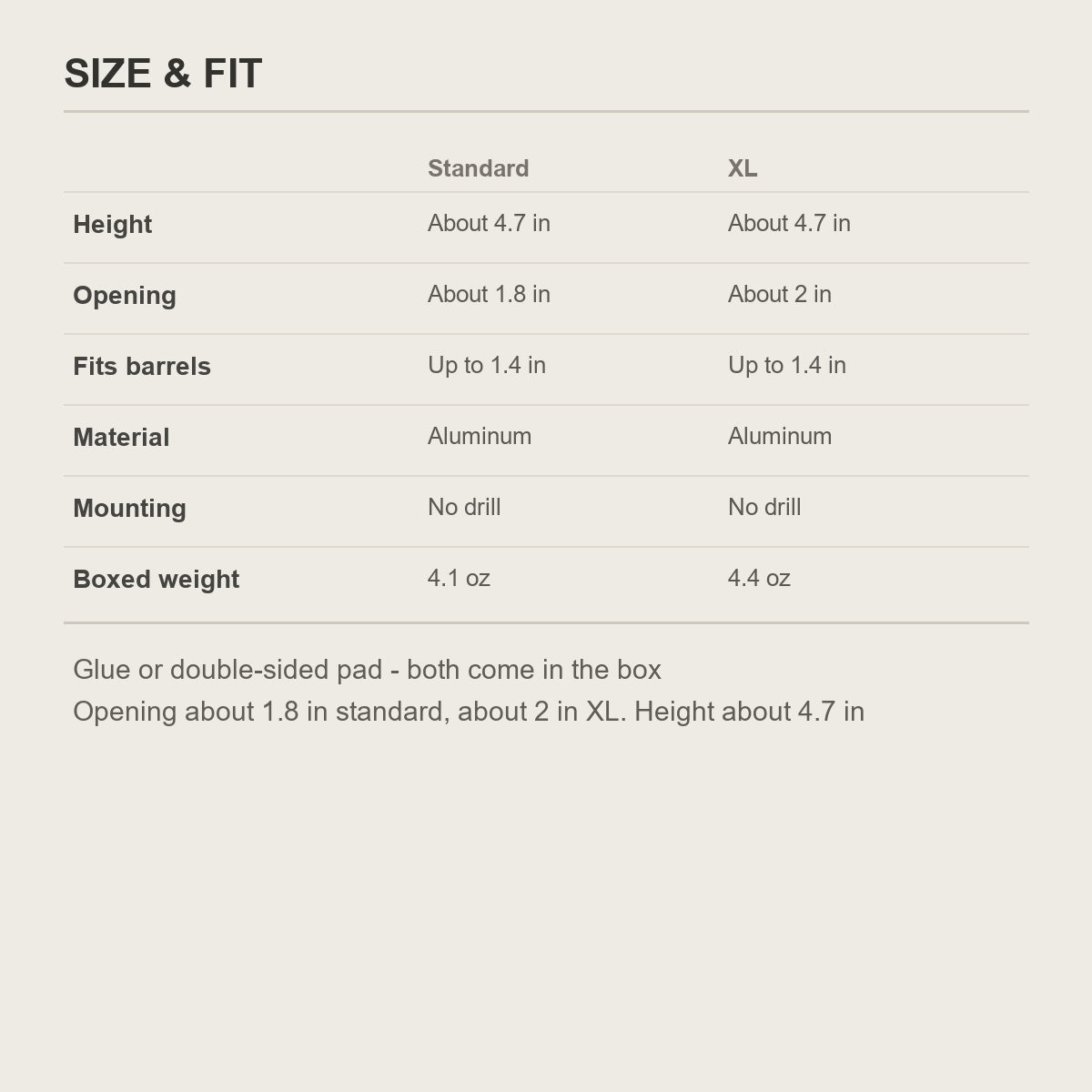 Size and fit chart for the wall-mounted hair tool holder - standard and XL