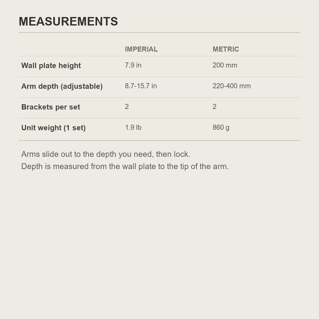 Size chart for the microwave bracket - 7.9 in plate, 8.7 to 15.7 in arm depth