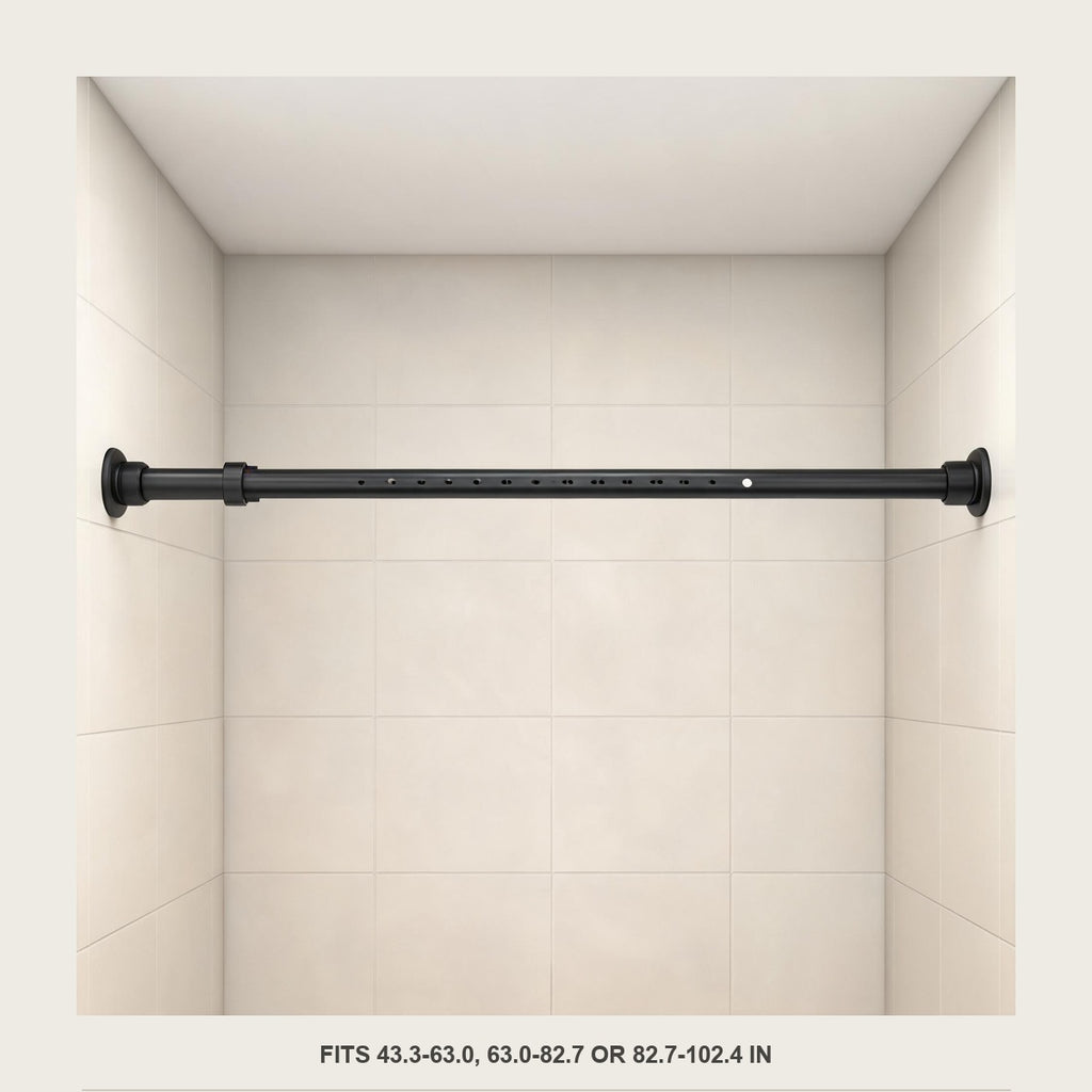 Front view of the empty tension rod between two plain tiled walls