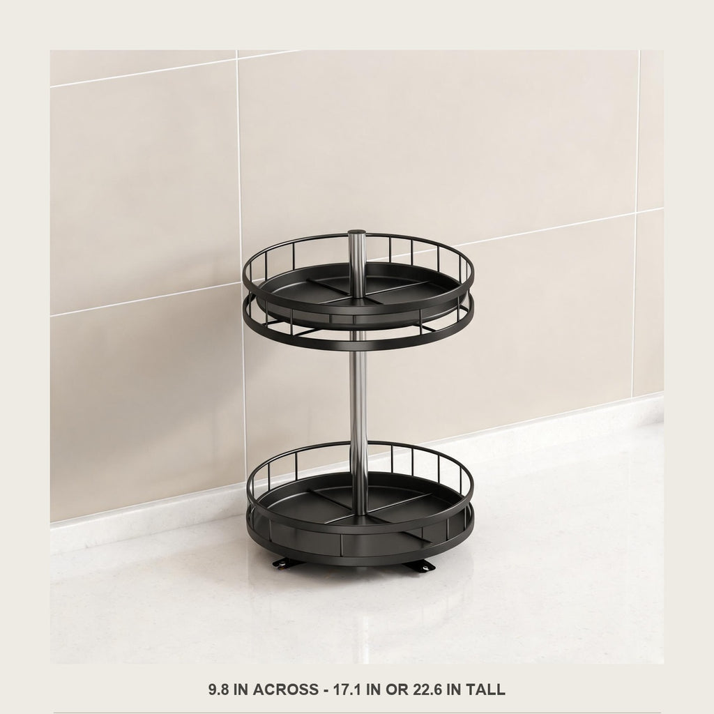 Front view of the empty rotating spice rack on a white countertop