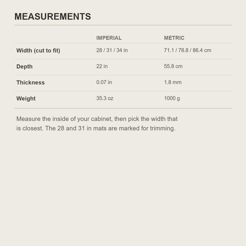Size chart for the under-sink cabinet mat - 28, 31 or 34 in wide