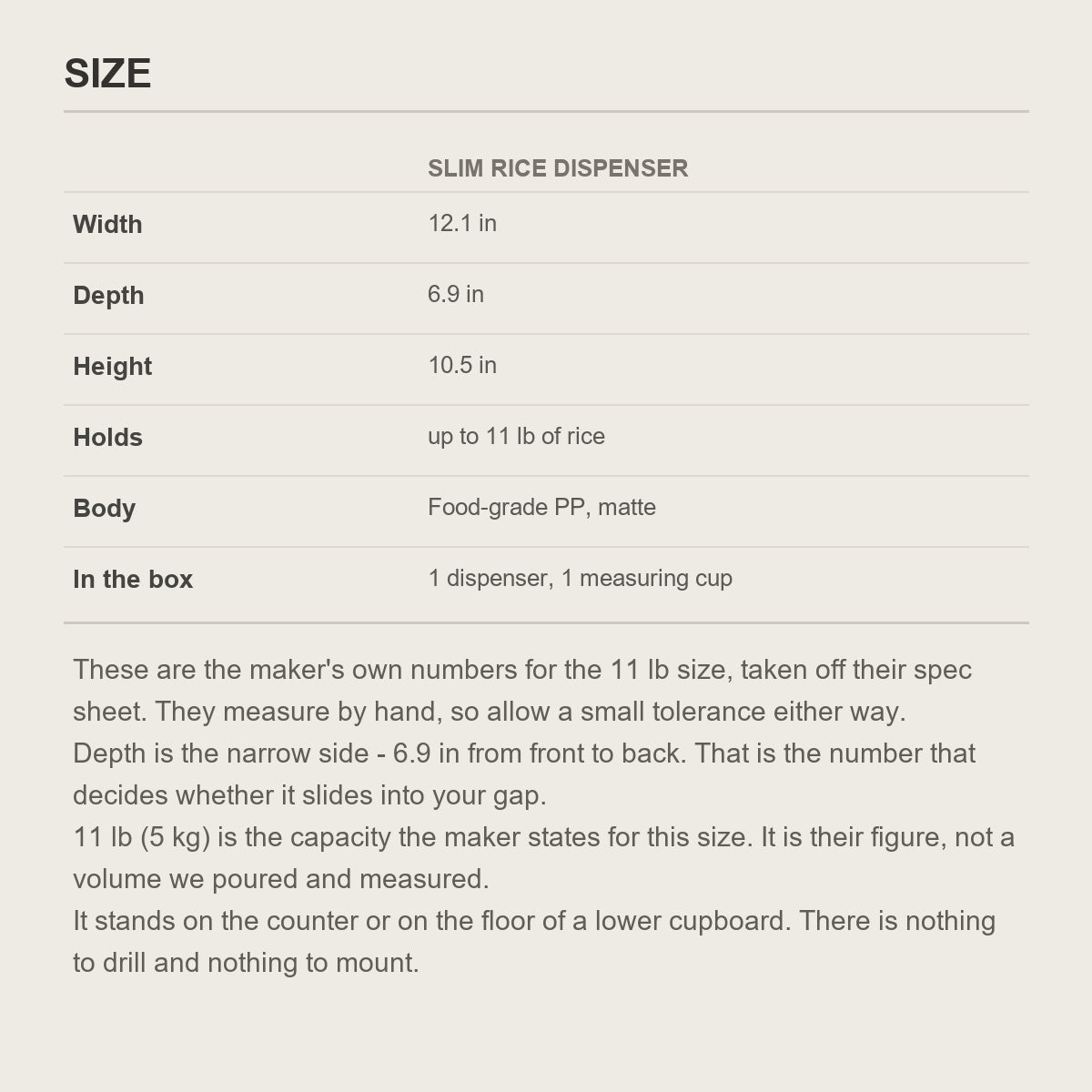 Size guide for the slim rice dispenser showing its width, depth and height in inches