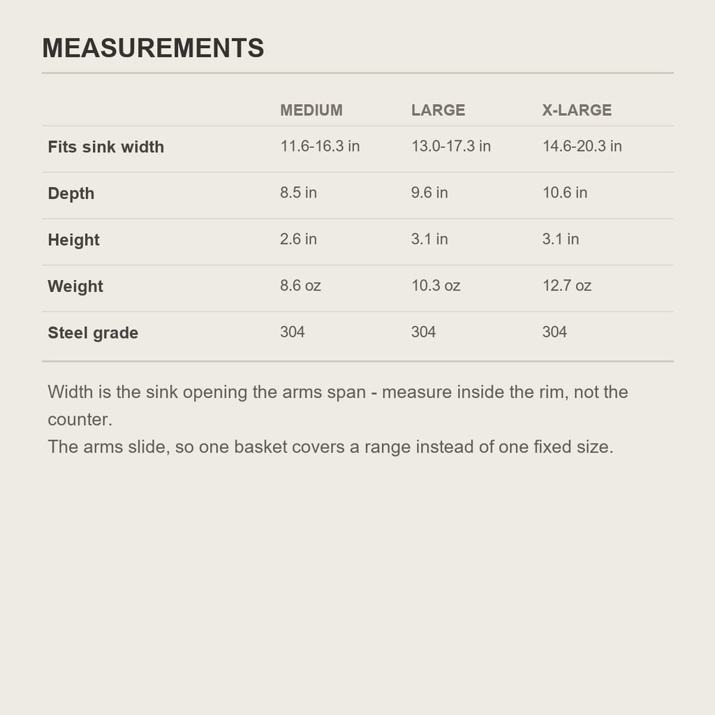 Size chart for the over-sink rinse basket, three widths in inches and ounces