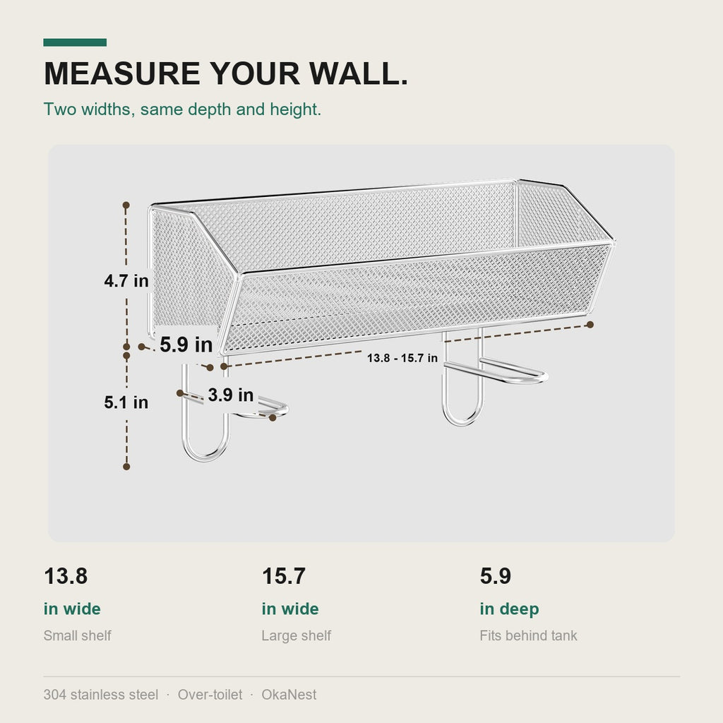 Size chart: 13.8 x 5.9 x 4.7 in and 15.7 x 5.9 x 4.7 in over-the-toilet shelf