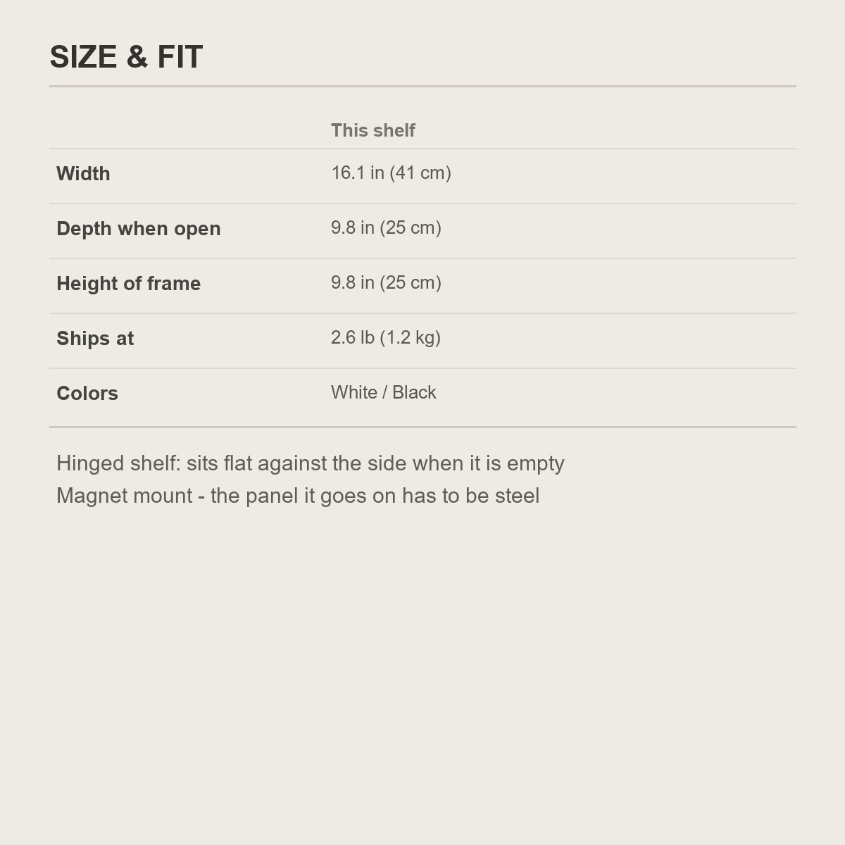 Size chart for the magnetic folding shelf - 16.1 by 9.8 inches open