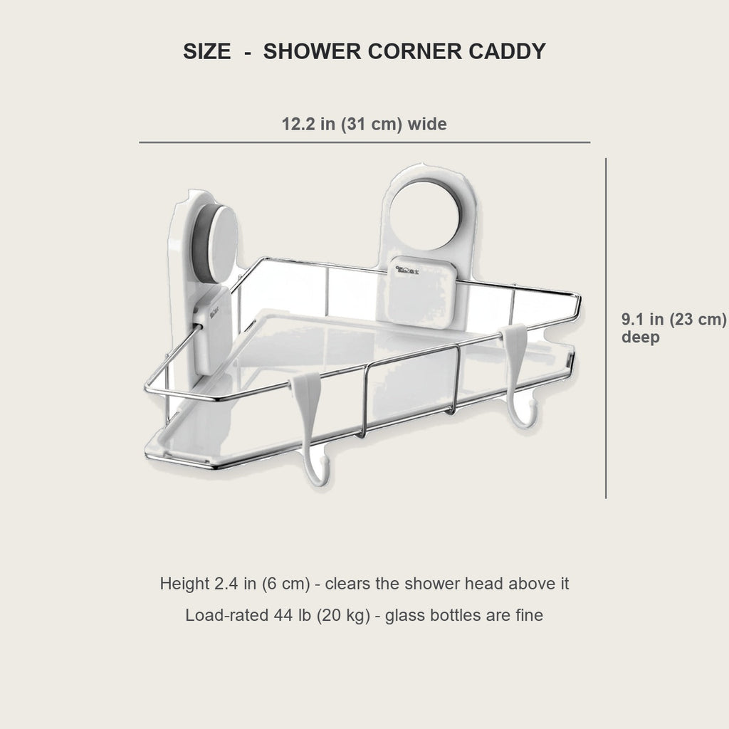 Corner caddy dimensions - 12.2 in wide, 9.1 in deep, 2.4 in high, load-rated 44 lb