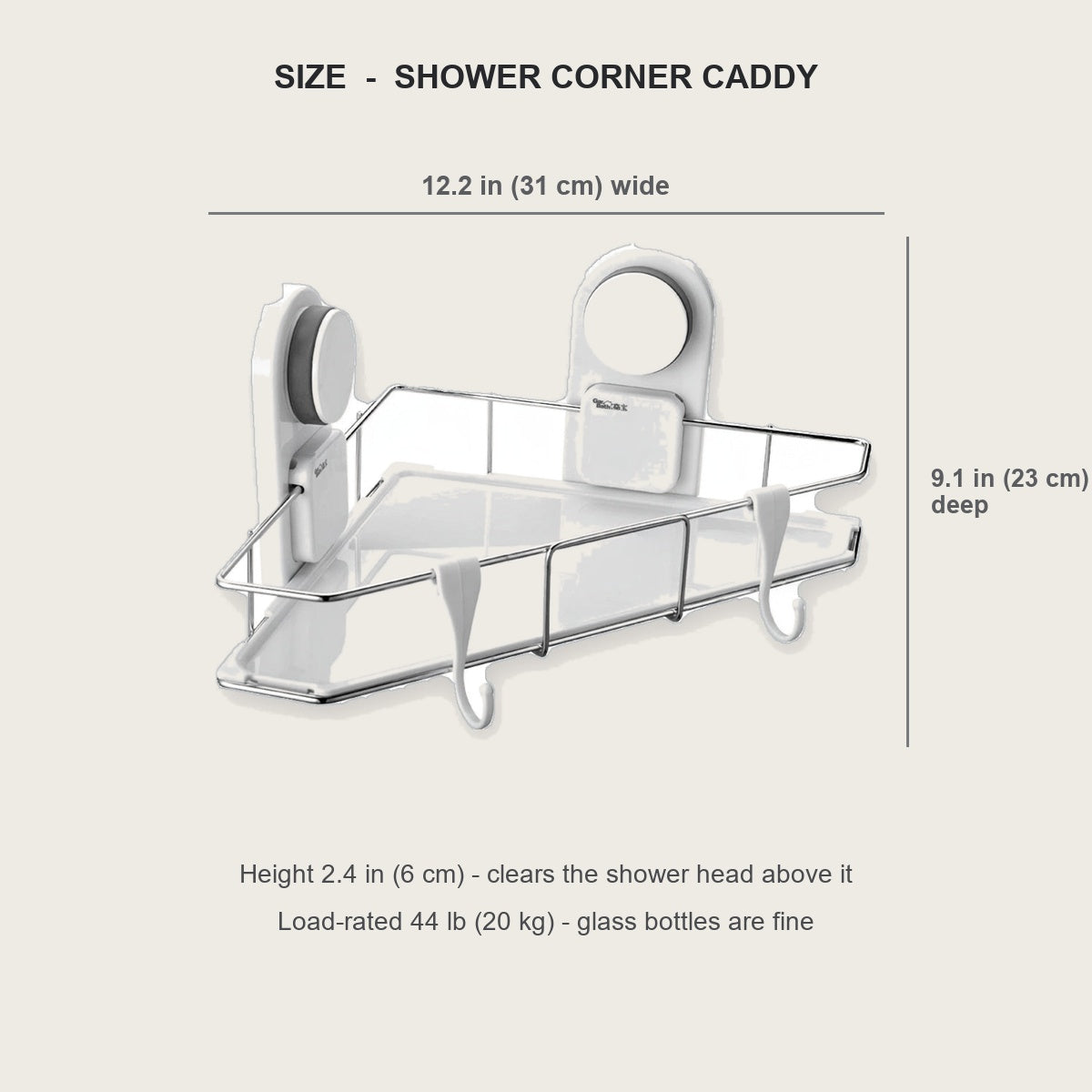 Corner caddy dimensions - 12.2 in wide, 9.1 in deep, 2.4 in high, load-rated 44 lb