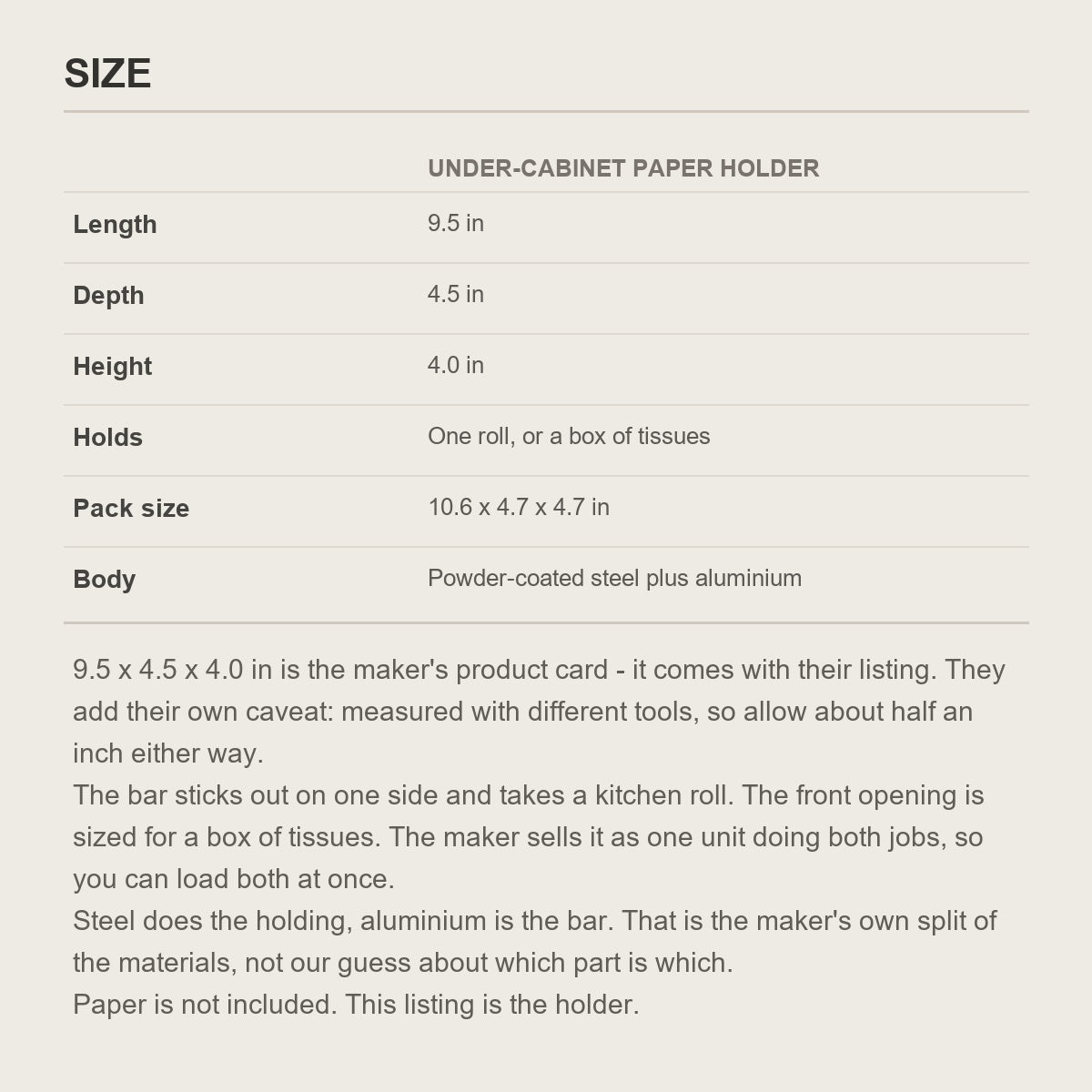 Size guide for the under-cabinet paper holder showing its length, depth and height in inches