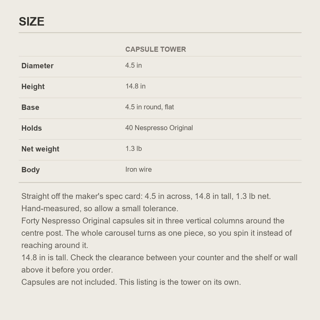 Size guide for the rotating coffee pod tower showing its diameter and height in inches