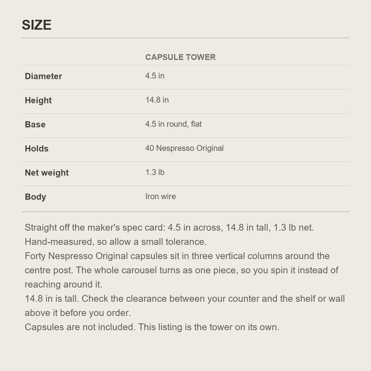 Size guide for the rotating coffee pod tower showing its diameter and height in inches
